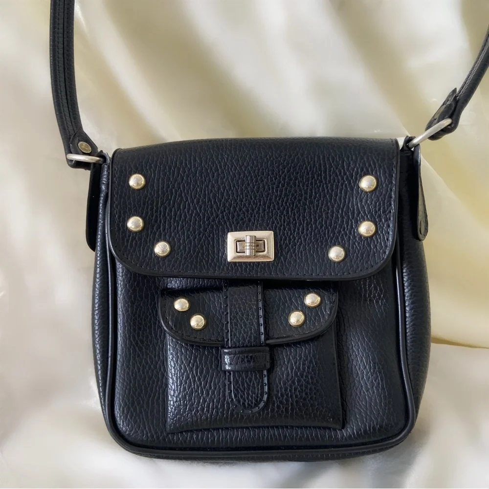 Vintage 80s black leather silver rivet purse shoulder bag - Picture 2 of 4